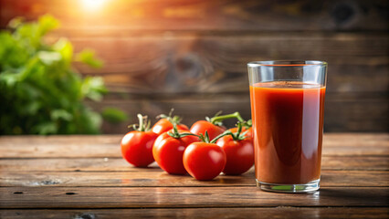 Tomato juice in a glass, surrounded by fresh tomatoes