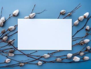 Blank Postcard with Willow Branches on Blue Background