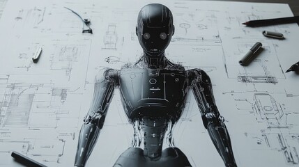 Poster - Creative humanoid AI robot drawing on paper, surrounded by minimalistic design elements, reflecting modern technology. No people, no logo.