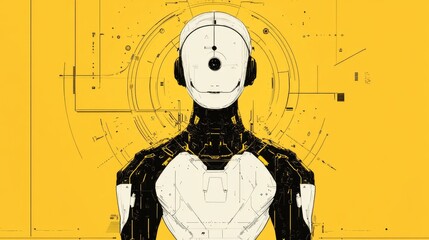 Poster - Creative humanoid AI robot drawing on paper, surrounded by minimalistic design elements, reflecting modern technology. No people, no logo.