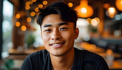 Wall Mural - Confident Young Asian Man Smiling in Cozy Indoor Setting with Warm Lighting, Perfect Blend of Lifestyle and Professional Vibes