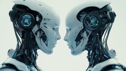 Poster - Futuristic AI robots linking human interaction and digital data networks, supported by intelligent brain processing and transfer protocols. No logo, no people.