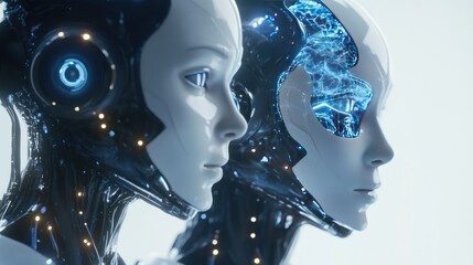 Poster - Futuristic AI robots linking human interaction and digital data networks, supported by intelligent brain processing and transfer protocols. No logo, no people.