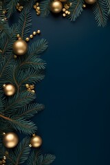 Wall Mural - navy blue christmas background with pine branches and gold ornaments