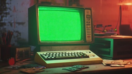 Poster - A vintage computer sits on a desk, displaying a bright green screen in a dimly lit room.