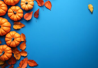 autumn pumpkins & leaves on blue background