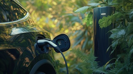 An electric vehicle charging in a lush, green environment.