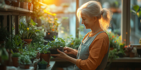 joyful elderly woman tending to her indoor plants in sunlit greenhouse, surrounded by vibrant greenery. Her gentle smile reflects her love for gardening and nurturing life