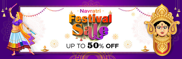 Sticker - Navratri, Dandiya, Durga Puja festival banner design offers shopping and sales promotion.