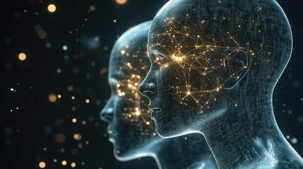 Poster - Humanoid AI robots visualizing data networks, transfer protocols, and neural AI brain integration, connecting human and tech. No logos, no people.