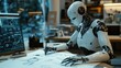 © P.G - Humanoid artist robot creating detailed sketches on paper, using precise AI technology in a modern workspace. No logos or people present.
