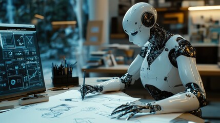 Poster - Humanoid artist robot creating detailed sketches on paper, using precise AI technology in a modern workspace. No logos or people present.