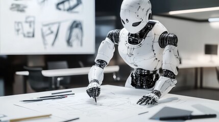 Poster - Humanoid artist robot creating detailed sketches on paper, using precise AI technology in a modern workspace. No logos or people present.
