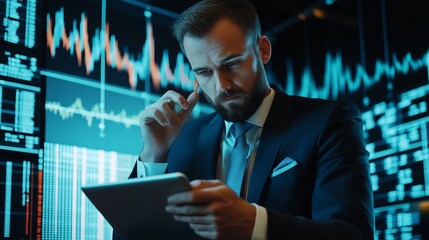 Poster - professional man analyzing data on a tablet in a modern finance office with digital stock charts dis