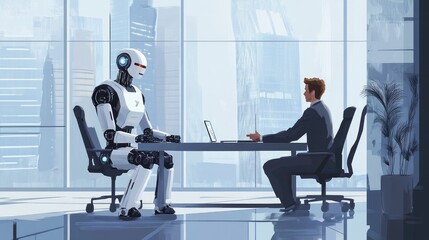 Poster - Illustration of a robot and human seated at a business table, exchanging ideas in a futuristic office space. No logos, business concept.