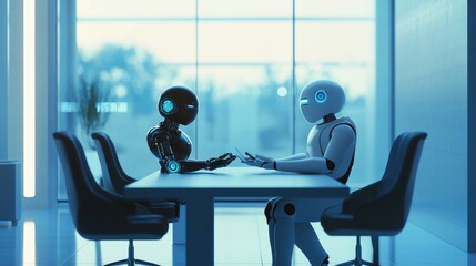 Poster - Illustration of a robot and human seated at a business table, exchanging ideas in a futuristic office space. No logos, business concept.