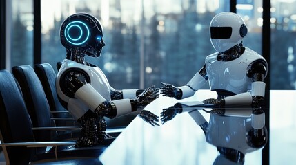 Poster - Illustration of a robot and human engaged in a business conversation at a conference table, symbolizing tech in business. No logo, sleek environment.