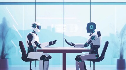 Poster - Illustration of a robot and human seated at a business table, exchanging ideas in a futuristic office space. No logos, business concept.