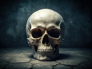 A eerie isolated white simple skull on a dark gradient background with subtle cracks and worn texture, symbolizing mortality and the beauty of imperfection.