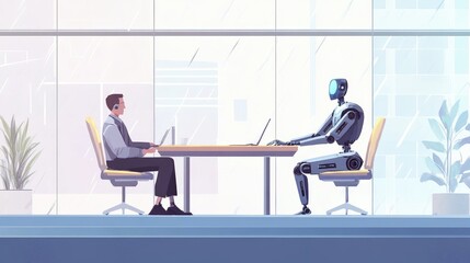 Poster - Illustration of a robot and human seated at a business table, exchanging ideas in a futuristic office space. No logos, business concept.