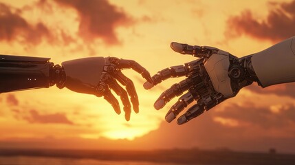 Poster - Illustration of human and robot hands touching in front of a dramatic sunset, showcasing a solidarity concept in futuristic design. No logo, focus on unity.