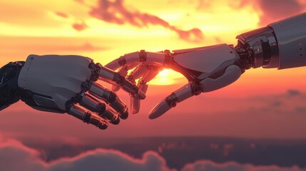 Poster - Illustration of human and robot hands touching in front of a dramatic sunset, showcasing a solidarity concept in futuristic design. No logo, focus on unity.