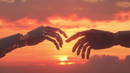 Poster - Illustration of human and robot hands touching in front of a dramatic sunset, showcasing a solidarity concept in futuristic design. No logo, focus on unity.