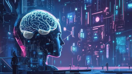 Poster - Illustration of AI robots interacting with software networks and big data transfer systems through advanced brain technologies. No logos, no people.