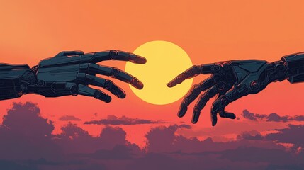 Poster - Illustration of human and robotic hands reaching towards unity as the sun sets in the sky, symbolizing solidarity and collaboration. No logo, tech-human harmony.