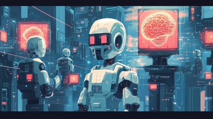 Poster - Illustration of AI robots interacting with software networks and big data transfer systems through advanced brain technologies. No logos, no people.