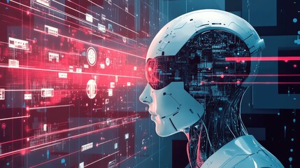 Poster - Illustration of AI robots interacting with software networks and big data transfer systems through advanced brain technologies. No logos, no people.