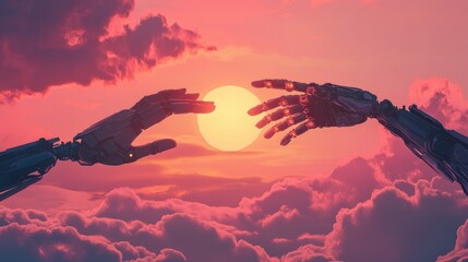 Poster - Illustration of human and robotic hands reaching towards unity as the sun sets in the sky, symbolizing solidarity and collaboration. No logo, tech-human harmony.