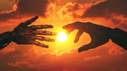 Poster - Illustration of human and robotic hands reaching towards unity as the sun sets in the sky, symbolizing solidarity and collaboration. No logo, tech-human harmony.