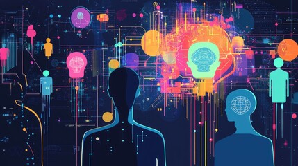 Poster - Illustration of robots interfacing with human-like data connections, big data flows, and AI brain systems, visualizing advanced tech. No logo, no people.