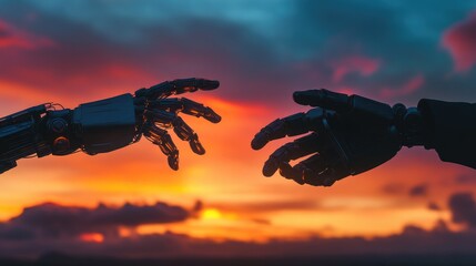 Poster - Reaching robot and human hands silhouetted against a glowing sky at sunset, symbolizing future solidarity and partnership. No logo, focus on harmony.