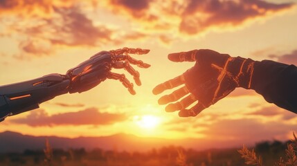 Poster - Reaching robot and human hands silhouetted against a glowing sky at sunset, symbolizing future solidarity and partnership. No logo, focus on harmony.