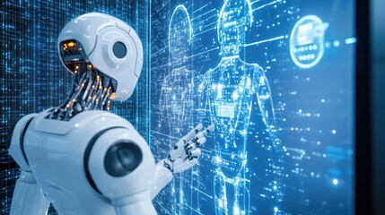 Poster - Illustration of robots interfacing with human-like data connections, big data flows, and AI brain systems, visualizing advanced tech. No logo, no people.