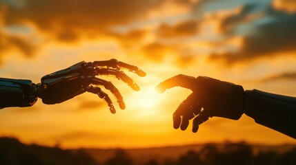 Poster - Reaching human and robotic hands silhouetted against a golden sunset sky, symbolizing partnership and progress. No logo, unity concept.