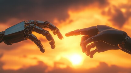 Poster - Robot and human hands extending towards each other, set against a warm sunset sky, representing cooperation and connection. No logo, solidarity theme.