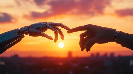 Poster - Robot and human hands extending towards each other in front of a vibrant sunset, symbolizing unity and cooperation. No logo, solidarity concept.