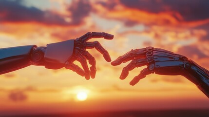 Poster - Robot and human hands reaching towards each other with a vibrant sunset backdrop, symbolizing harmony between tech and humanity. No logo, solidarity concept.