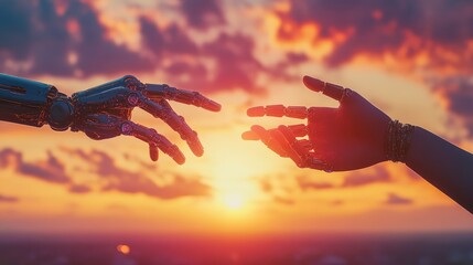 Poster - Robot and human hands reaching towards each other with a vibrant sunset backdrop, symbolizing harmony between tech and humanity. No logo, solidarity concept.