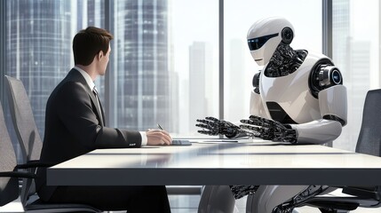Poster - Robot and human seated at a business meeting table, working on future technology-driven business solutions. No logos, professional setting.