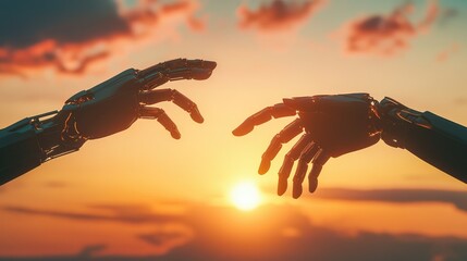 Poster - Robot and human hands reaching towards each other with a vibrant sunset backdrop, symbolizing harmony between tech and humanity. No logo, solidarity concept.