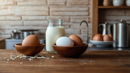 Eggs and milk on wooden kitchen counter background