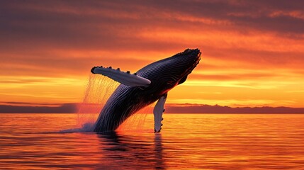 A humpback whale breaches the surface against a vibrant sunset backdrop.