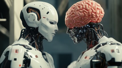 Poster - Robots demonstrating AI-driven brain technology and human interaction through data transfer systems and intelligent software networks. No logos, no people.