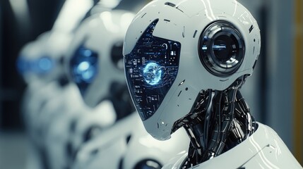 Poster - Robots demonstrating AI-driven brain technology and human interaction through data transfer systems and intelligent software networks. No logos, no people.