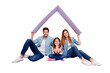 © deagreez - Family portrait of three members sitting floor under new roof wear casual clothes isolated purple background