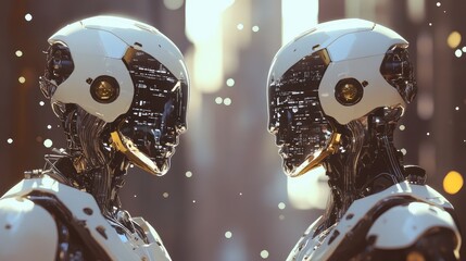 Poster - Robots managing human interaction through big data systems and AI-driven neural brain technology, emphasizing digital transfer protocols. No logos, no people.